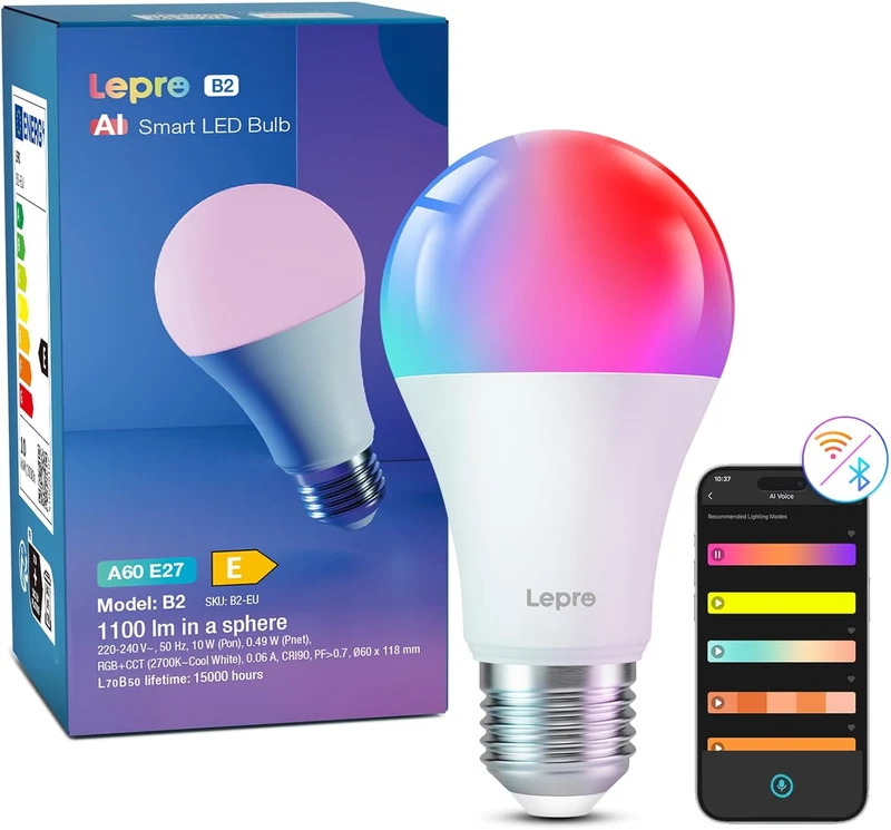 Lepro AI Smart Gl¨¹hbirne B2, E27 Gl¨¹hbirne 10W 1100lm Dimmbar, Personalisierter KI-Lichtdesigner, Sprachsteuerung/Musik Sync, WiFi & Bluetooth Smart Bulb, Kompatibel mit Alexa/Google Assistant